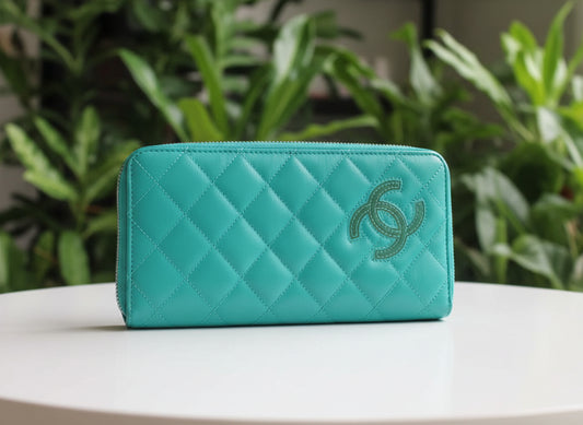 Chanel Quilted Lambskin Teal Zip Around Wallet