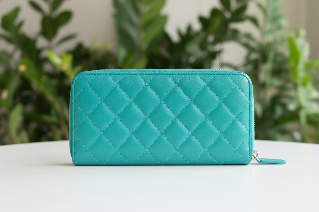 Chanel Quilted Lambskin Teal Zip Around Wallet