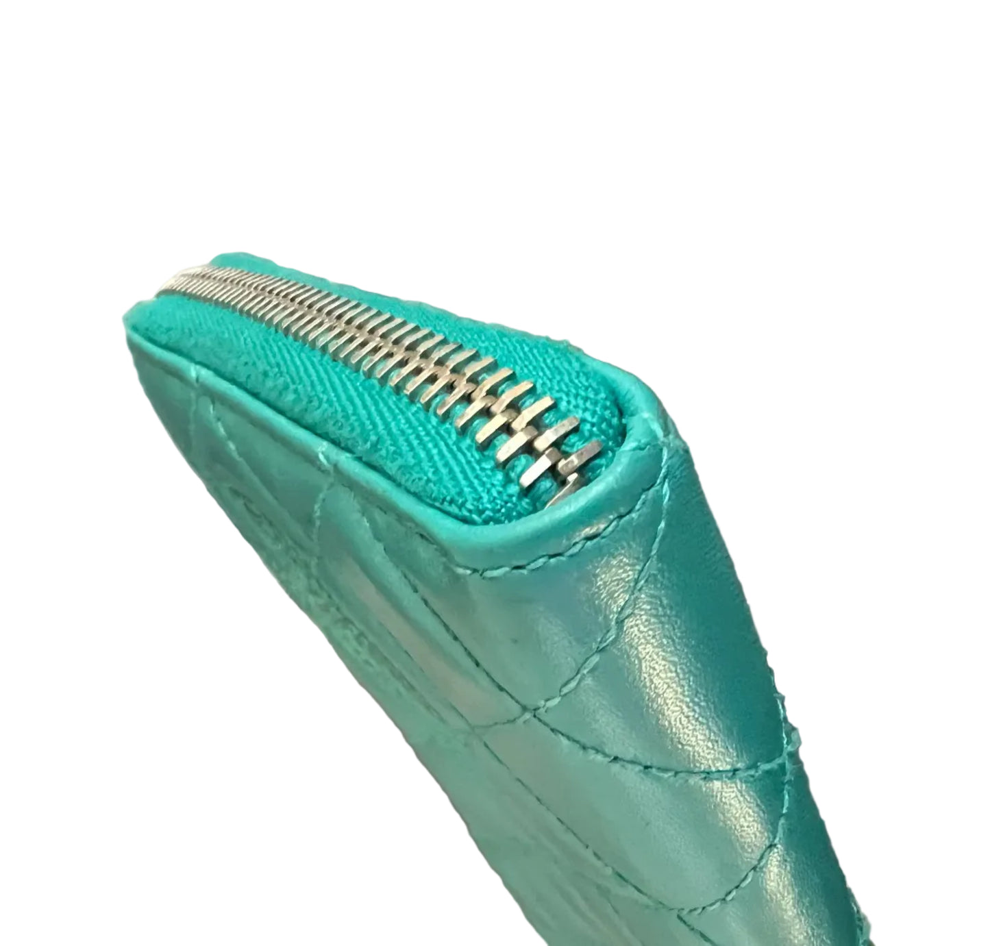Chanel Quilted Lambskin Teal Zip Around Wallet