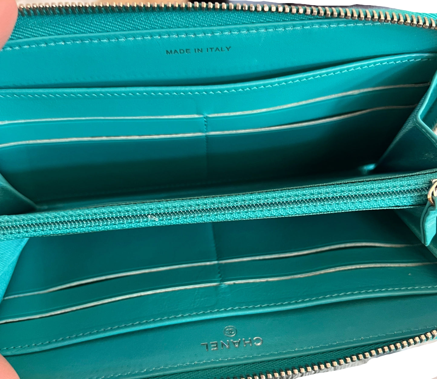 Chanel Quilted Lambskin Teal Zip Around Wallet