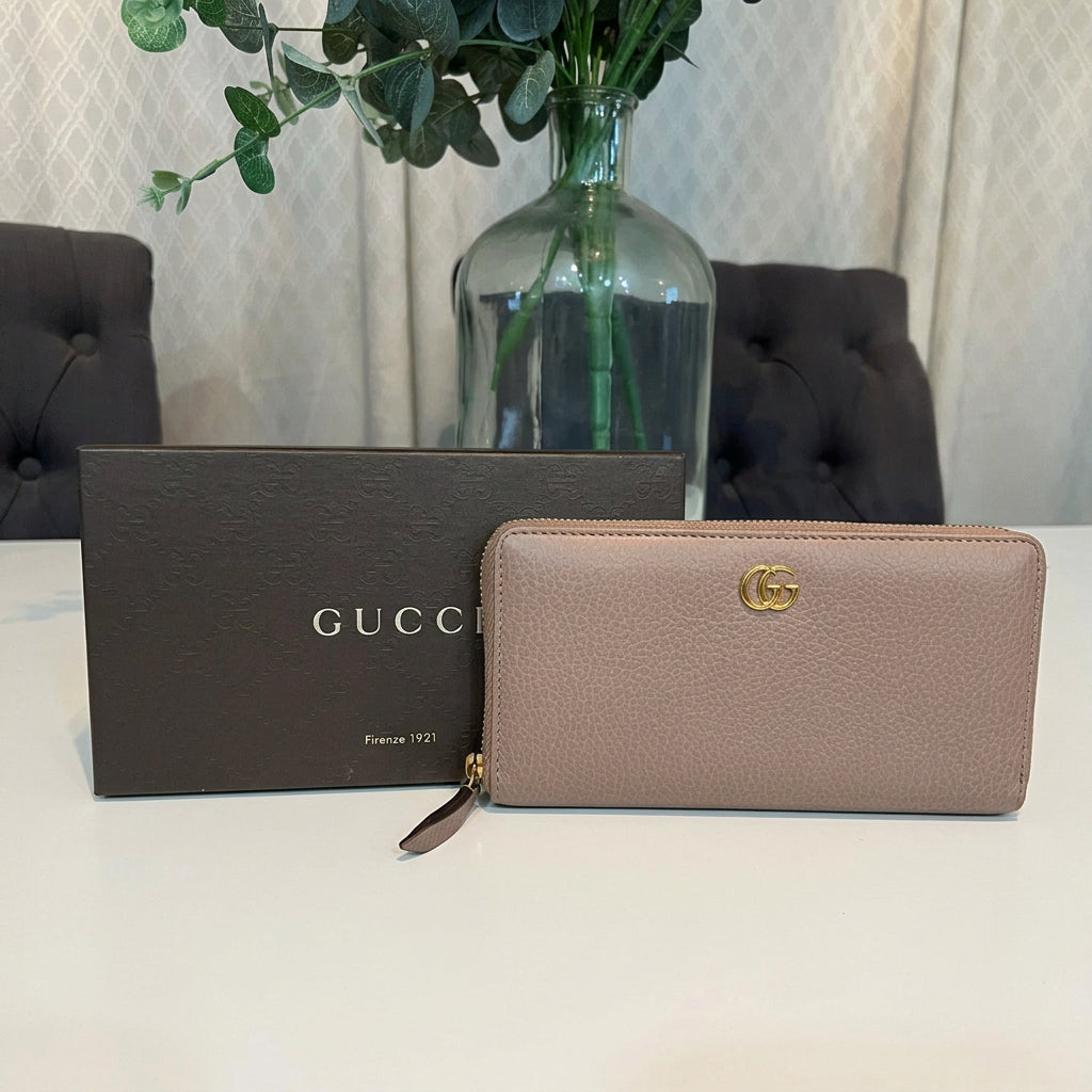 Gucci Taupe Leather Marmont Zip Around Wallet