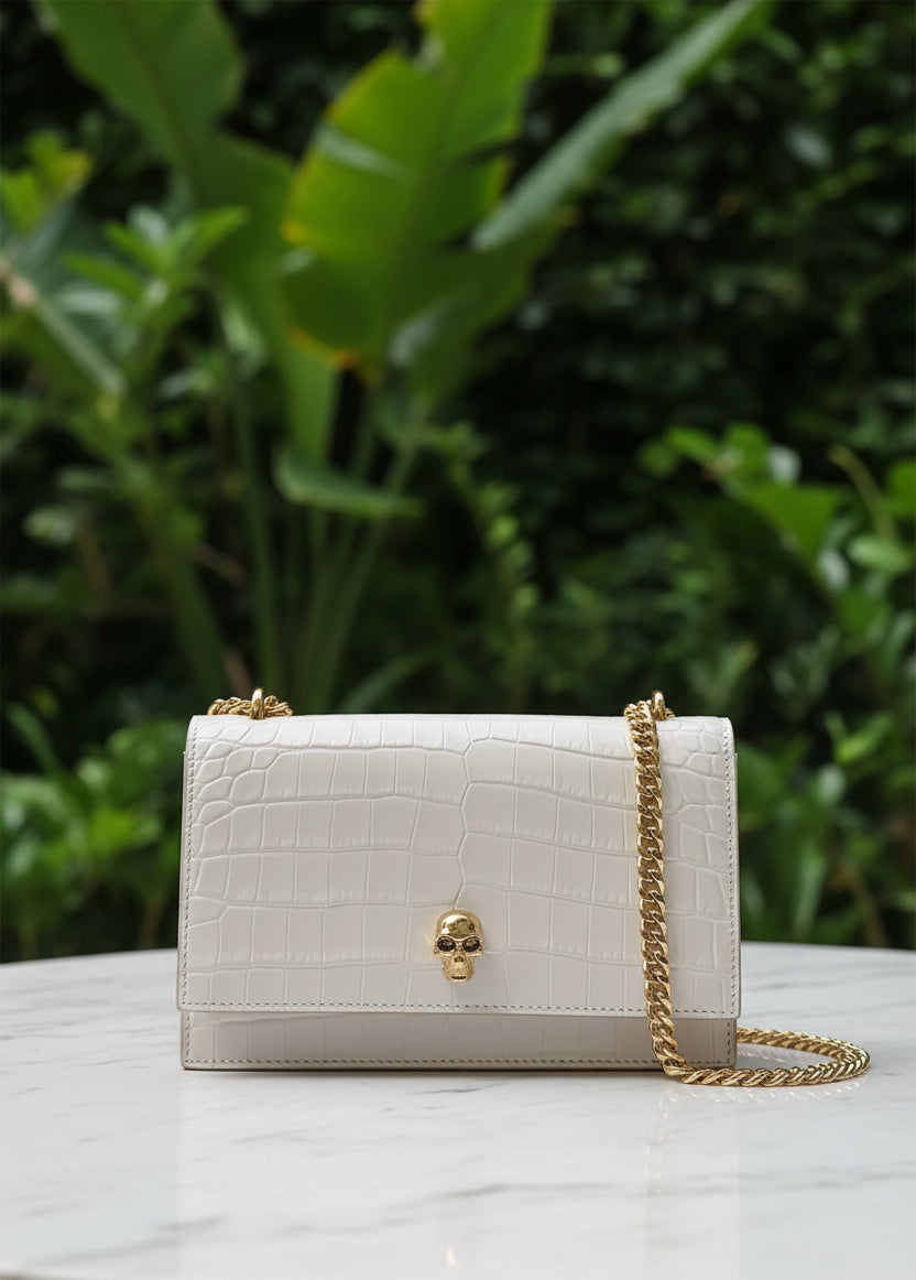 Alexander McQueen Cream Mini Skull Croc Embossed WOC
