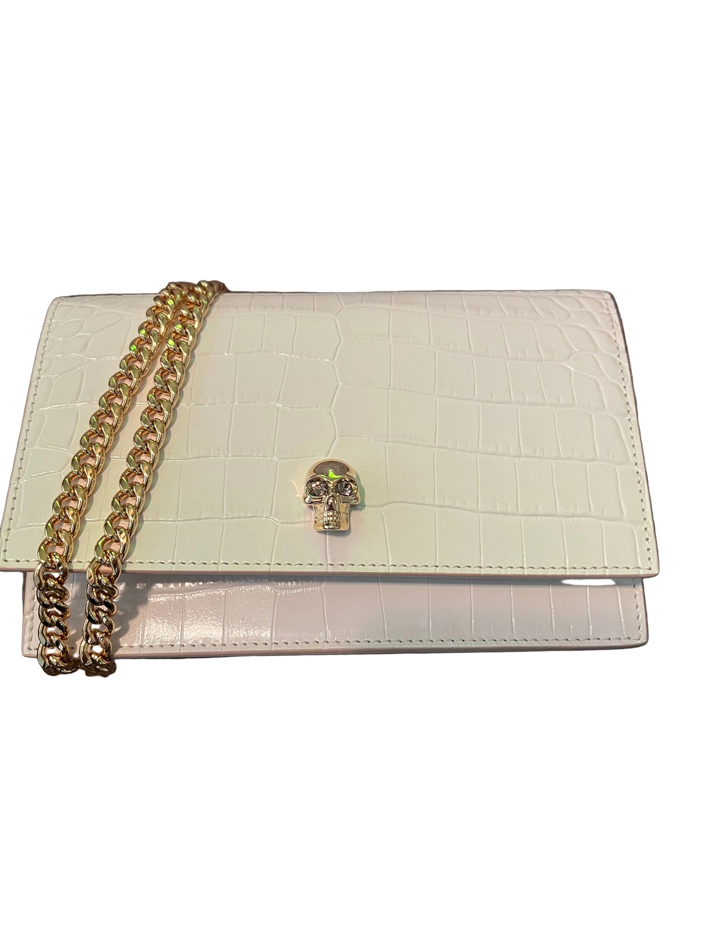 Alexander McQueen Cream Mini Skull Croc Embossed WOC