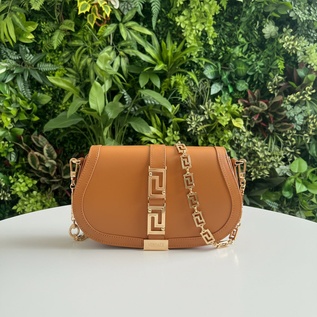 Versace Caramel Leather Greca Goddess Bag