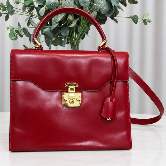 Gucci Vintage Red Leather Ladylock Top Handle