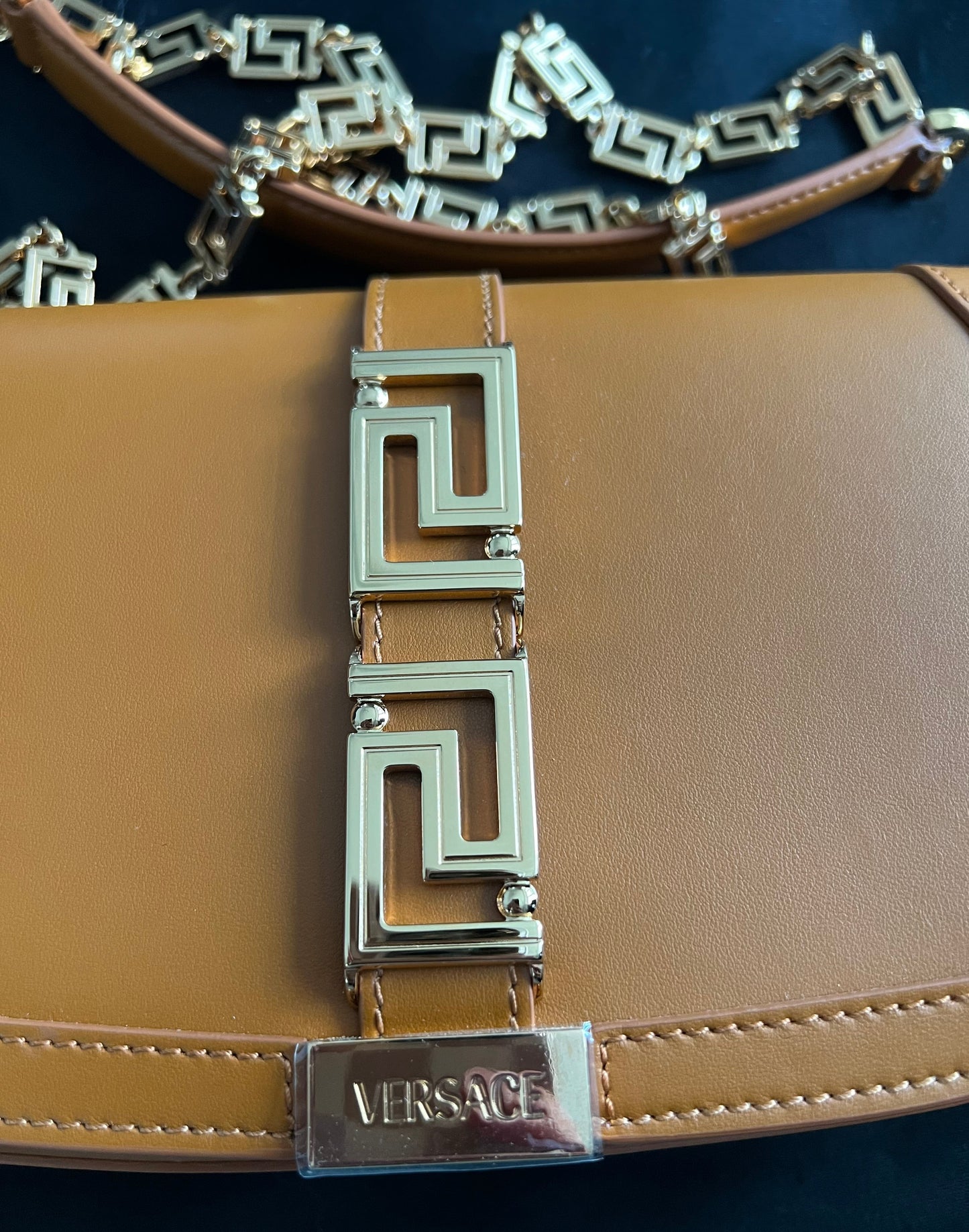 Versace Caramel Leather Greca Goddess Bag