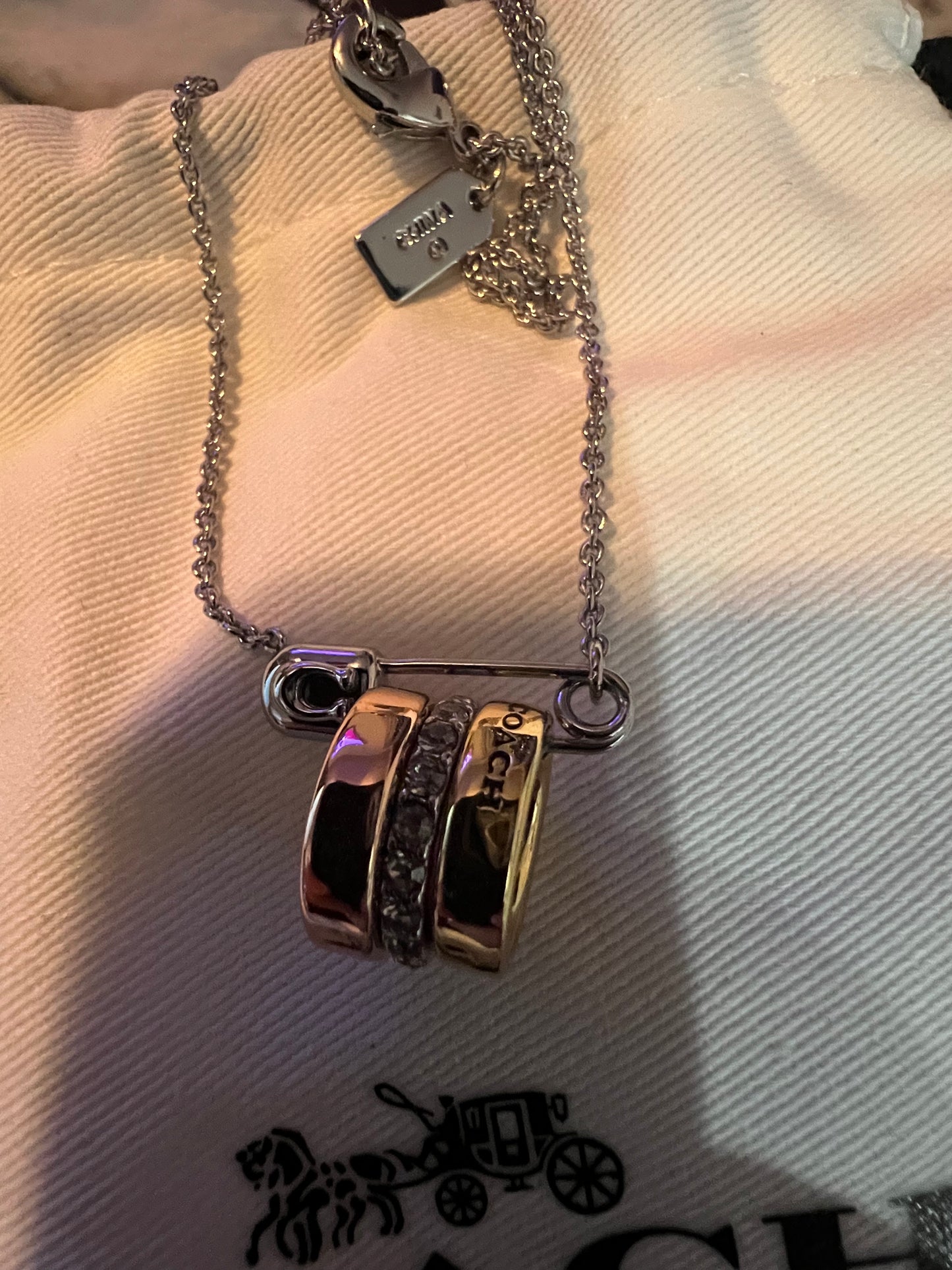 Coach Safety Pin and Rings Necklace