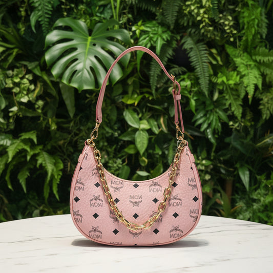 MCM Pink Aren Crescent Hobo Bag