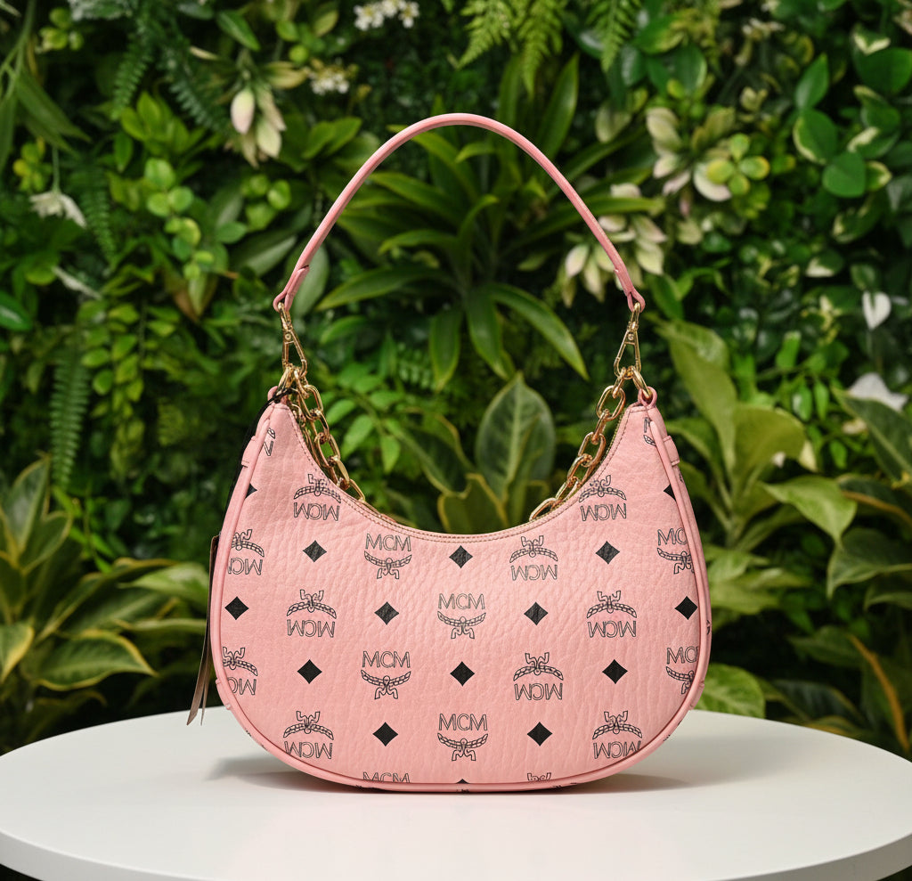 MCM Pink Aren Crescent Hobo Bag