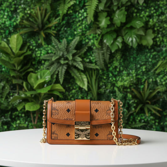 MCM Cognac Gretl Visetos Monogram Mini Crossbody Bag