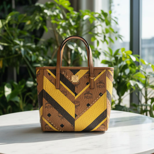 MCM Studded Toni Top-Zip Shopper in Mega Herringbone Visetos