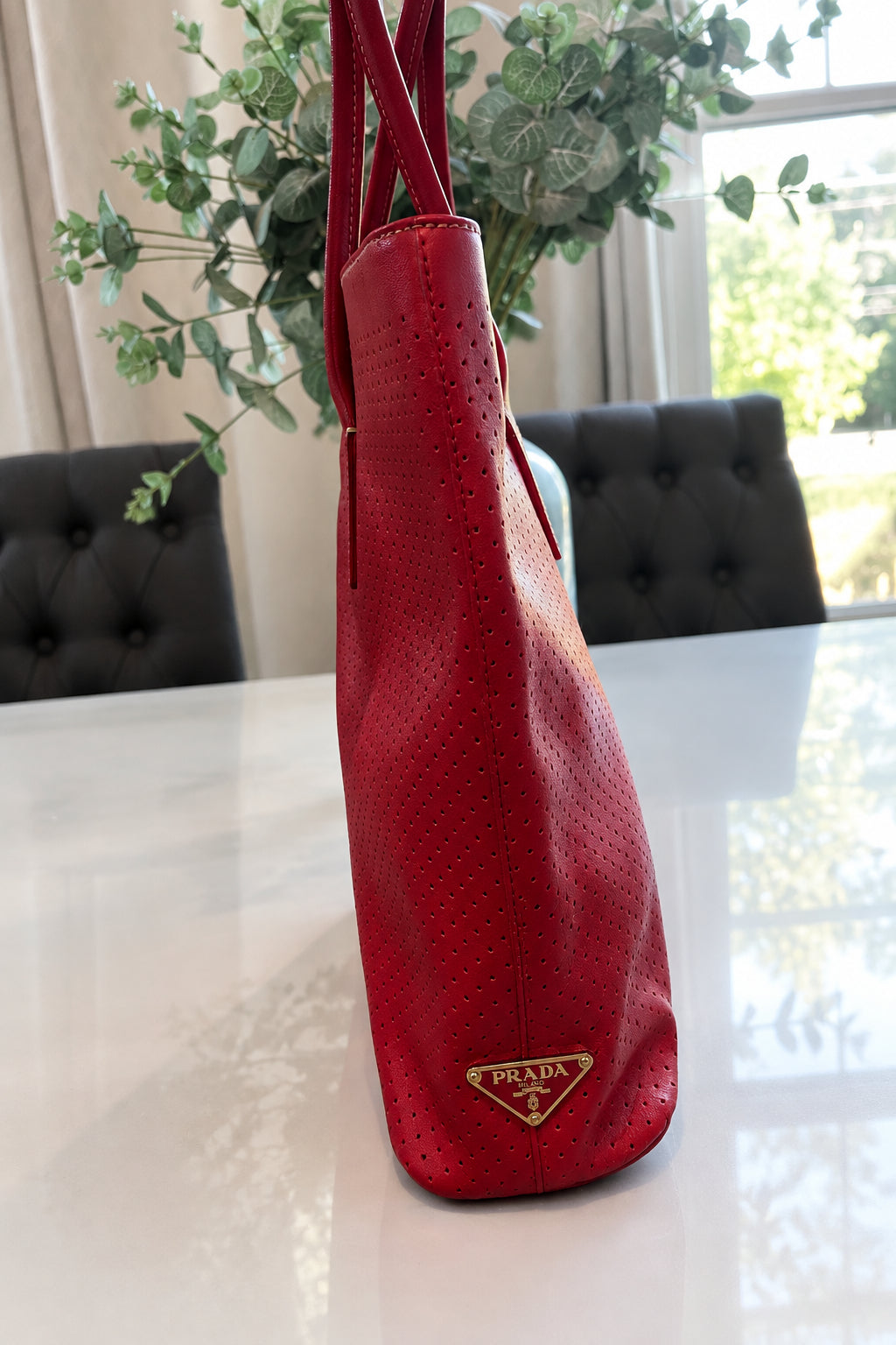 Prada Perforated Red Leather Tote