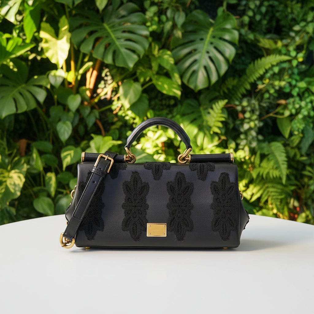 Dolce and Gabbana Black Leather and Lace Sicily Top Handle Bag