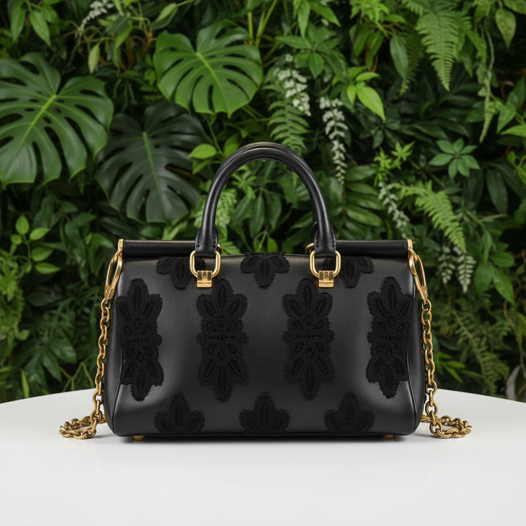 Dolce and Gabbana Black Leather and Lace Sicily Top Handle Bag