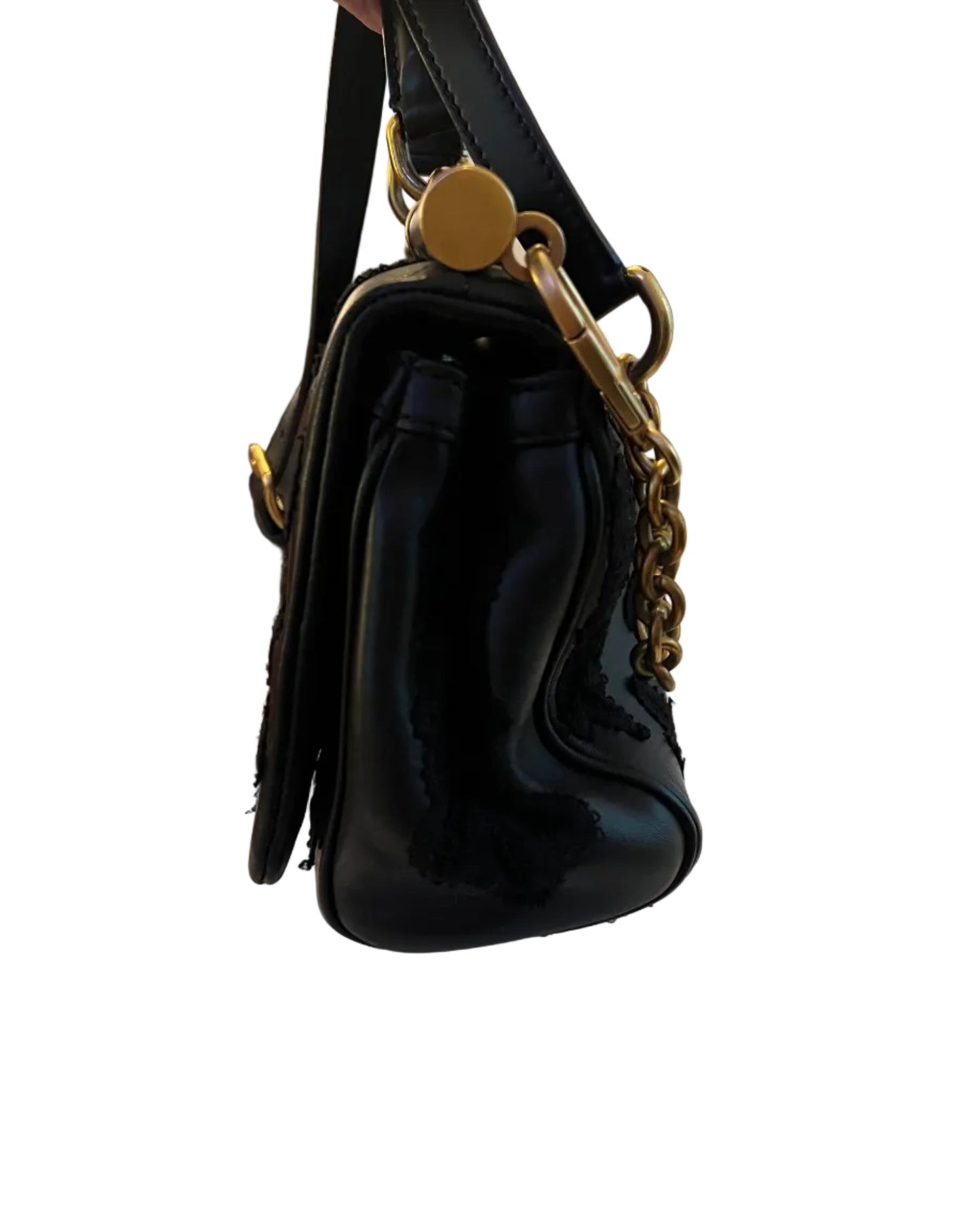 Dolce and Gabbana Black Leather and Lace Sicily Top Handle Bag