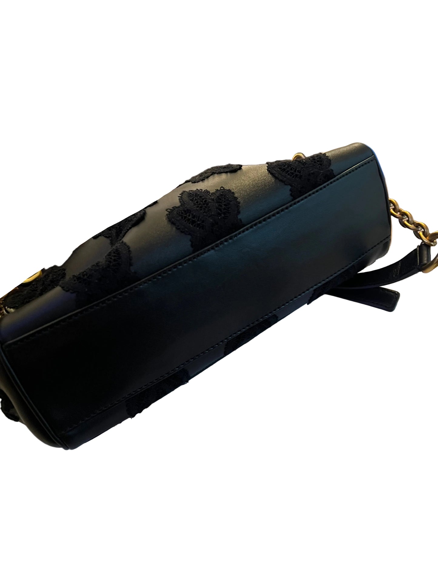 Dolce and Gabbana Black Leather and Lace Sicily Top Handle Bag