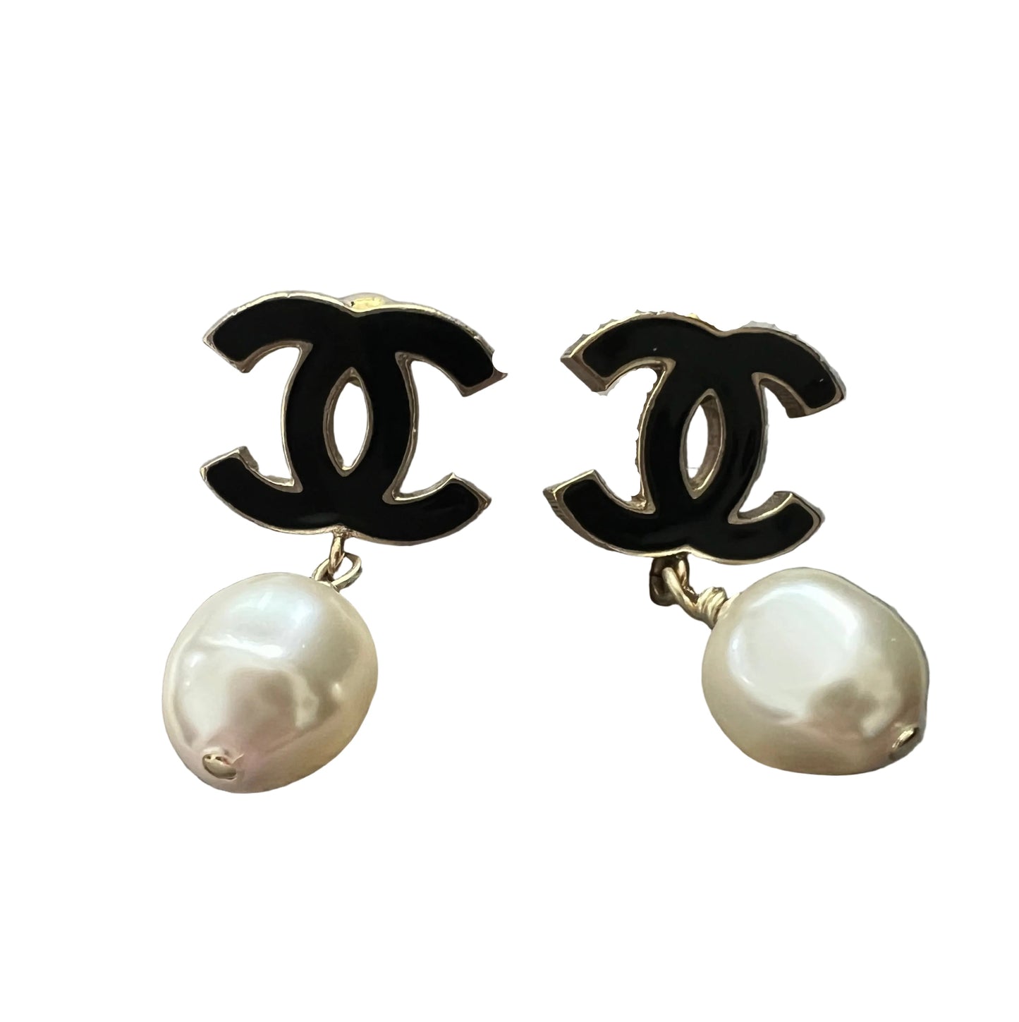 Chanel Black CC and Pearl Drop Earrings