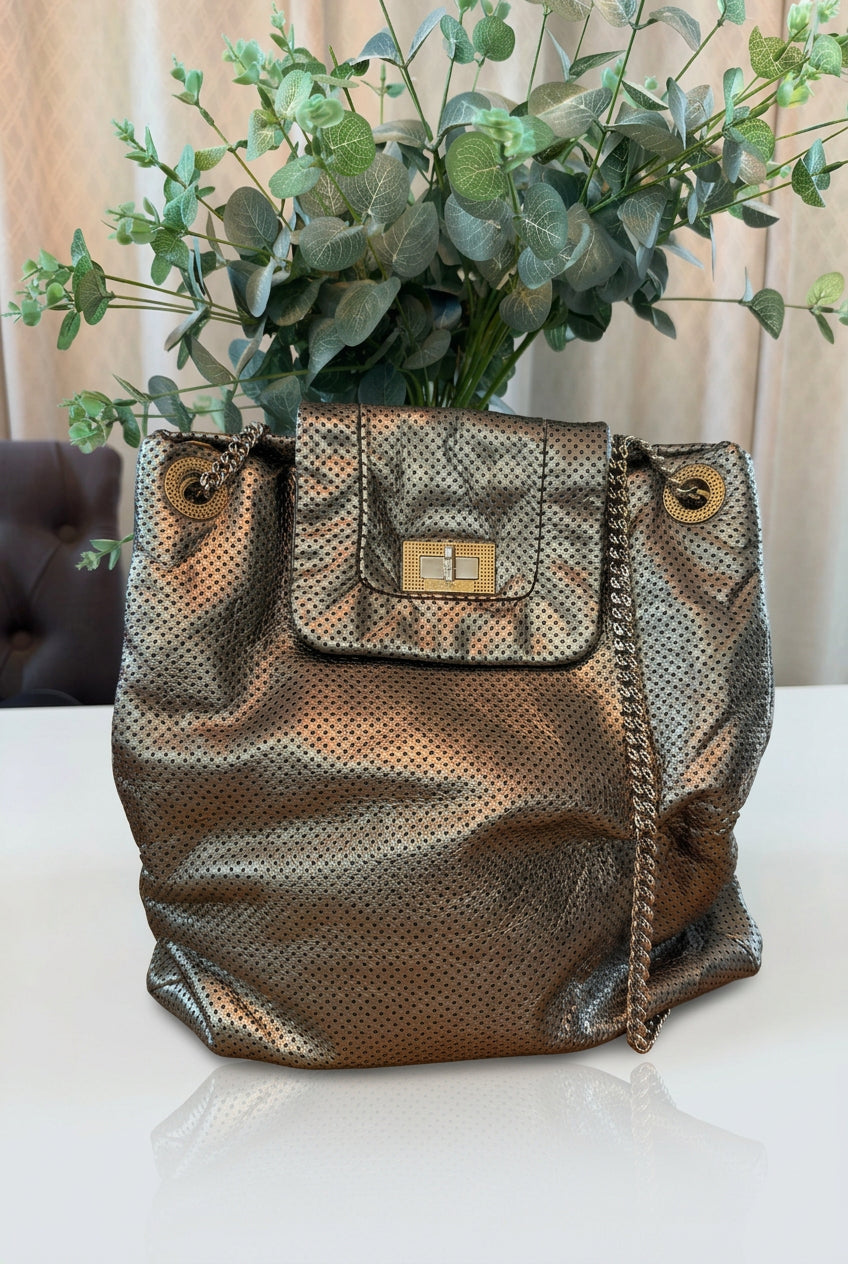 Chanel Pewter Perforated Leather Drill Flap Tote