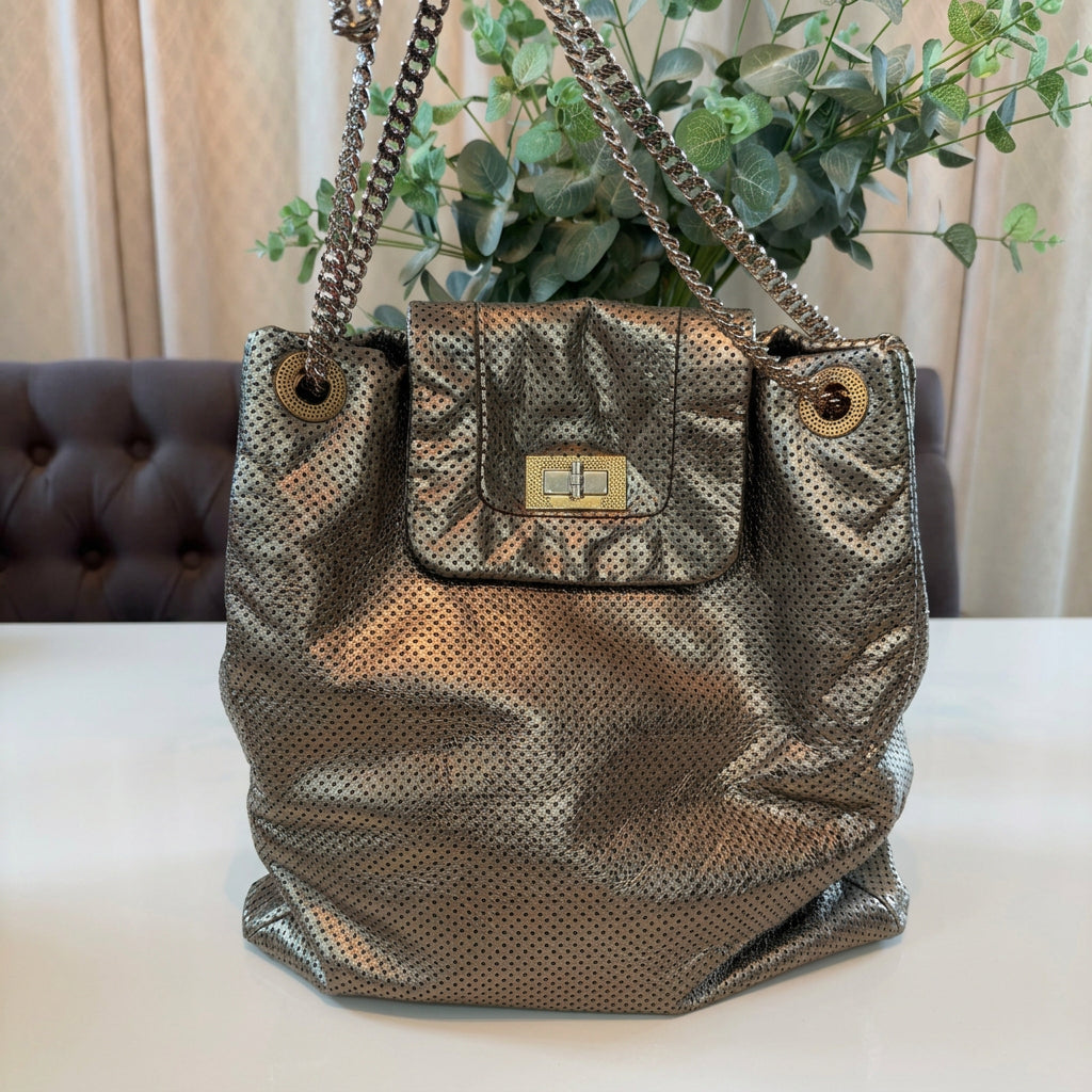 Chanel Pewter Perforated Leather Drill Flap Tote
