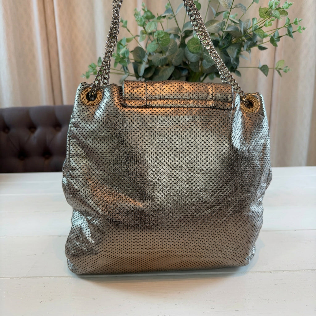Chanel Pewter Perforated Leather Drill Flap Tote
