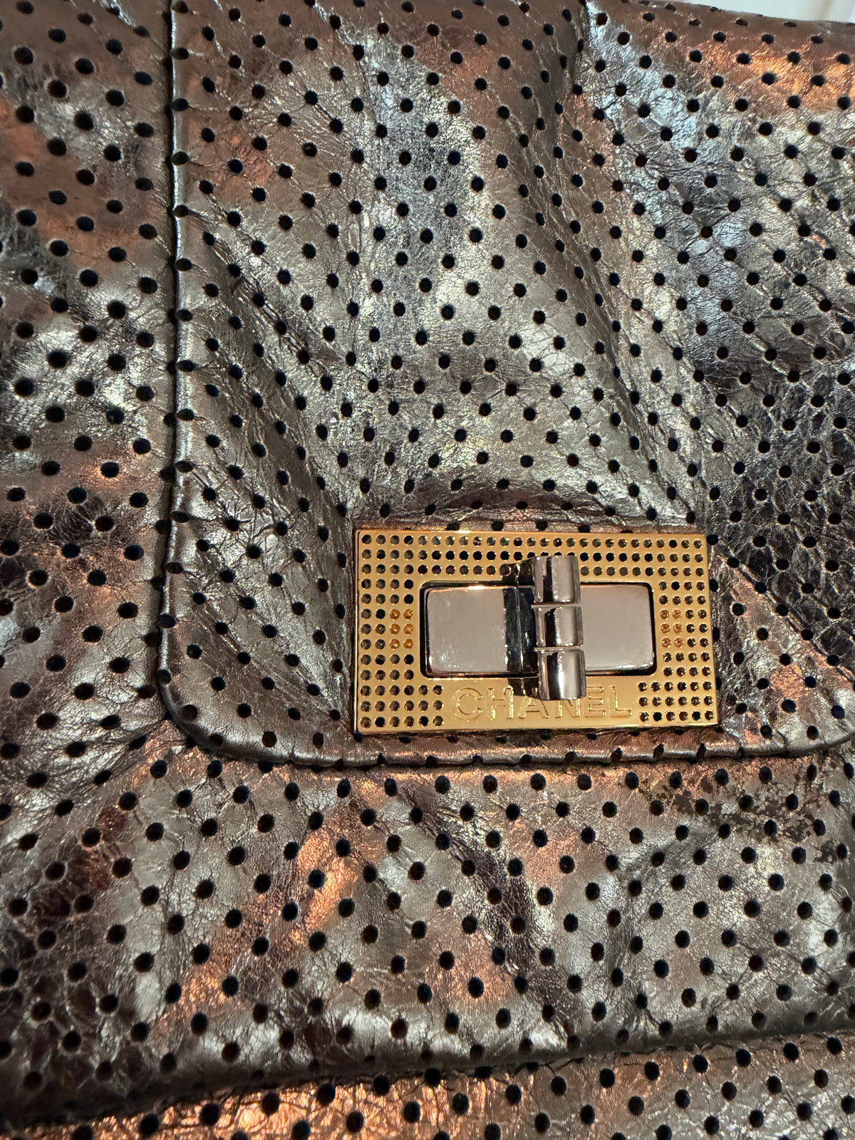 Chanel Pewter Perforated Leather Drill Flap Tote