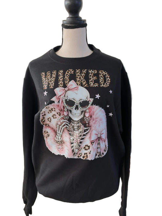 Wicked Skeleton Blingy Rhinestone Graphic Black Sweatshirt