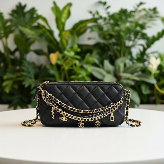 Chanel Black Quilted Lambskin Double Zip Crossbody w/ Egyptian Charms
