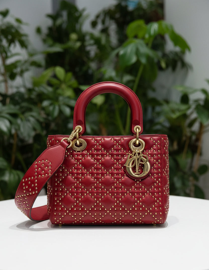 Dior Red Lambskin Vintage Studded Medium Lady Dior