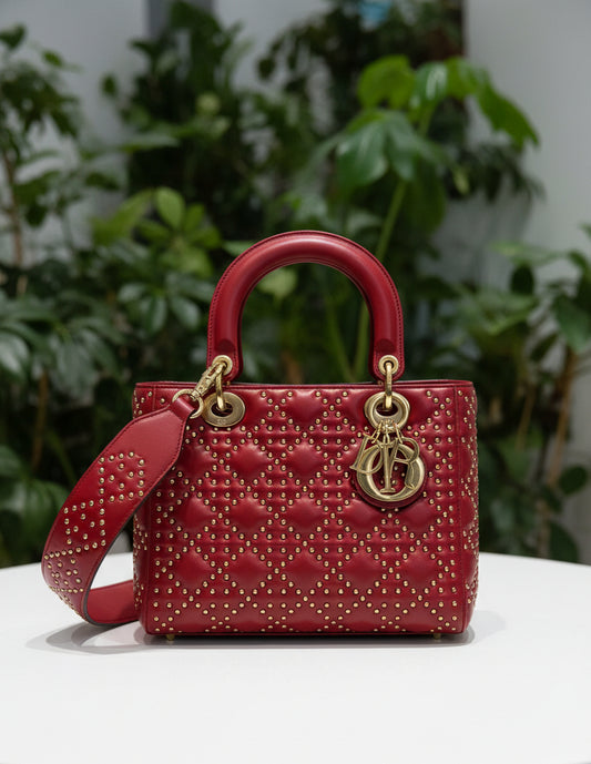 Dior Red Lambskin Studded Medium Lady Dior