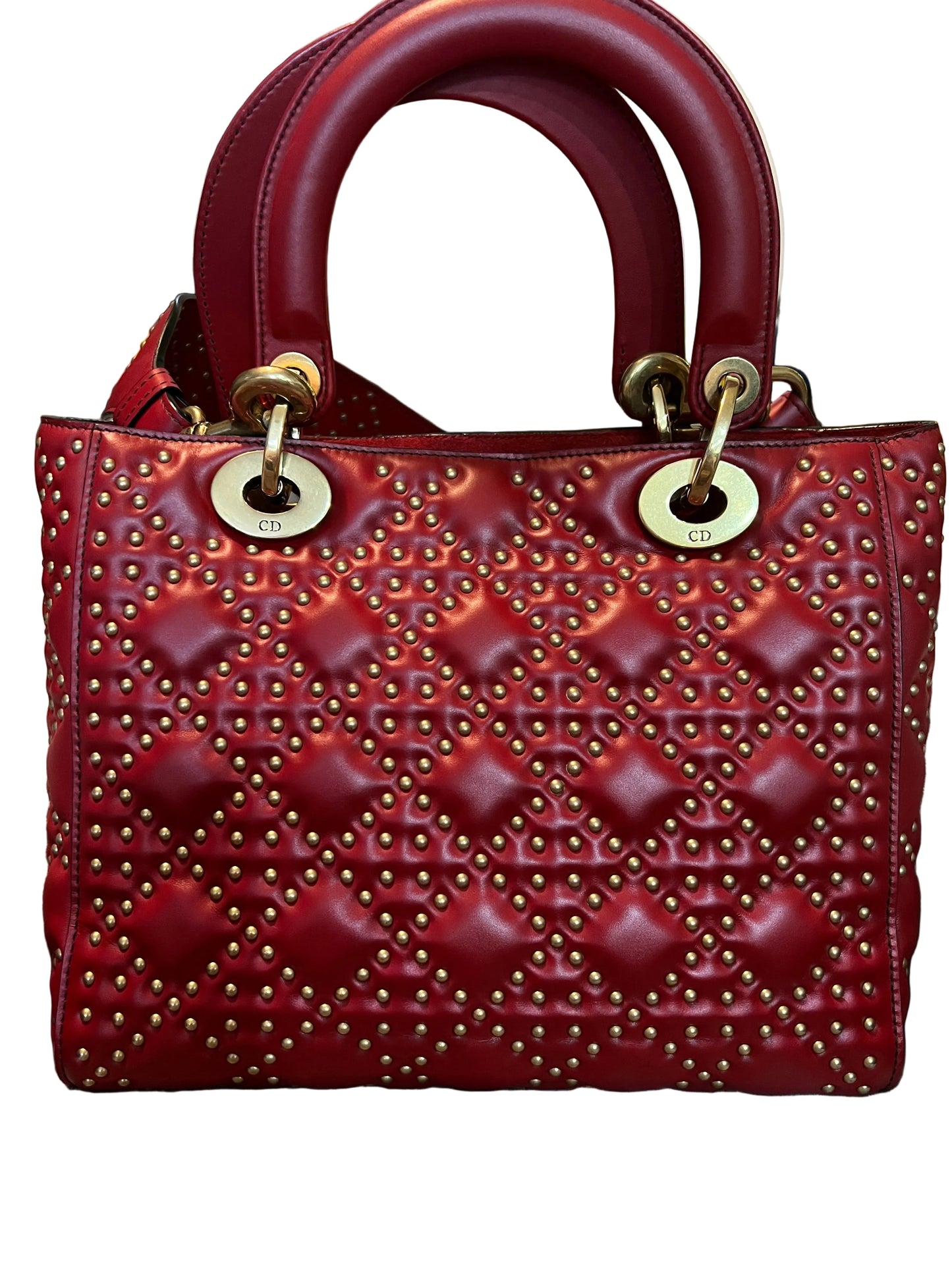 Dior Red Lambskin Vintage Studded Medium Lady Dior