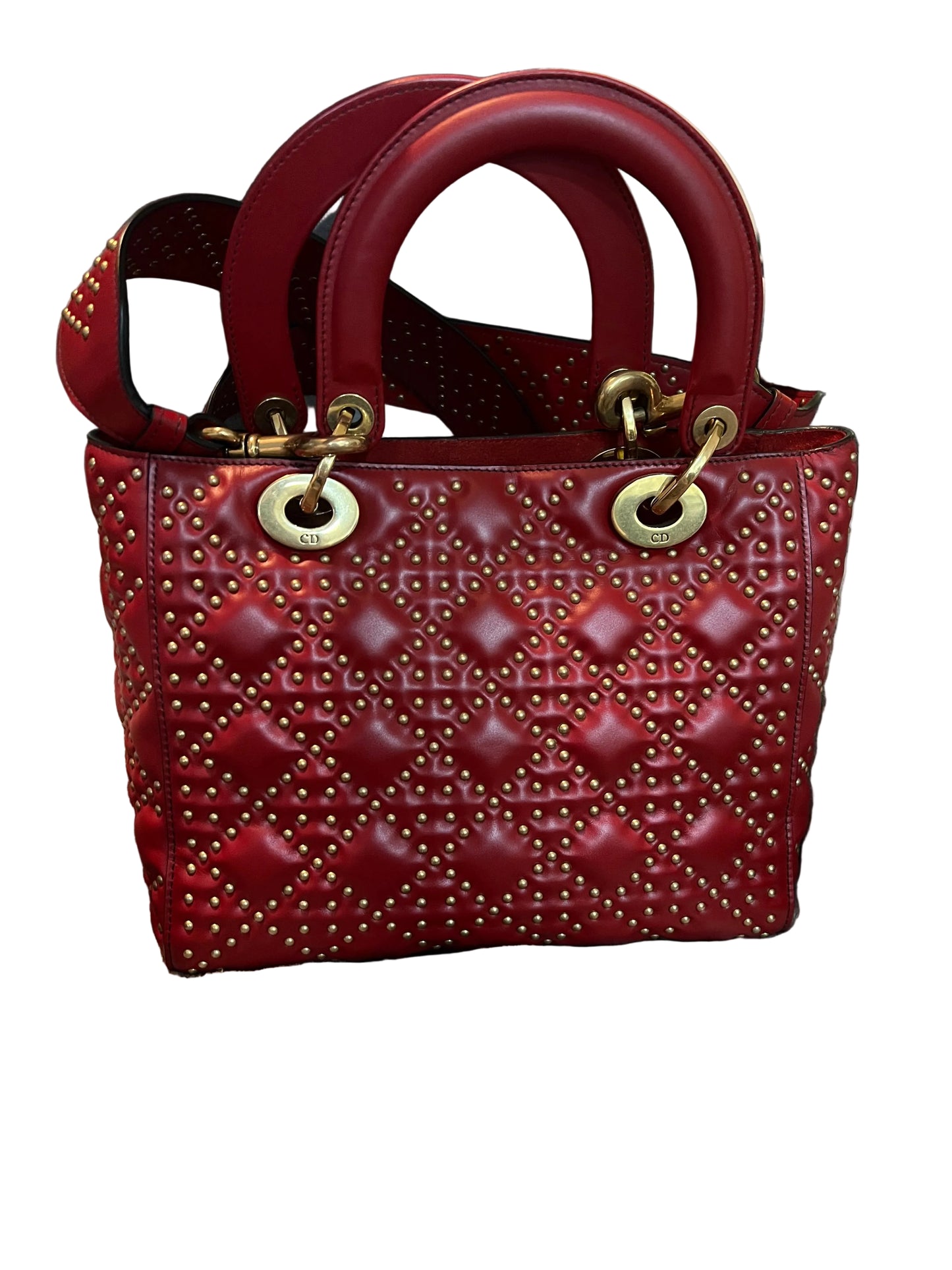 Dior Red Lambskin Vintage Studded Medium Lady Dior