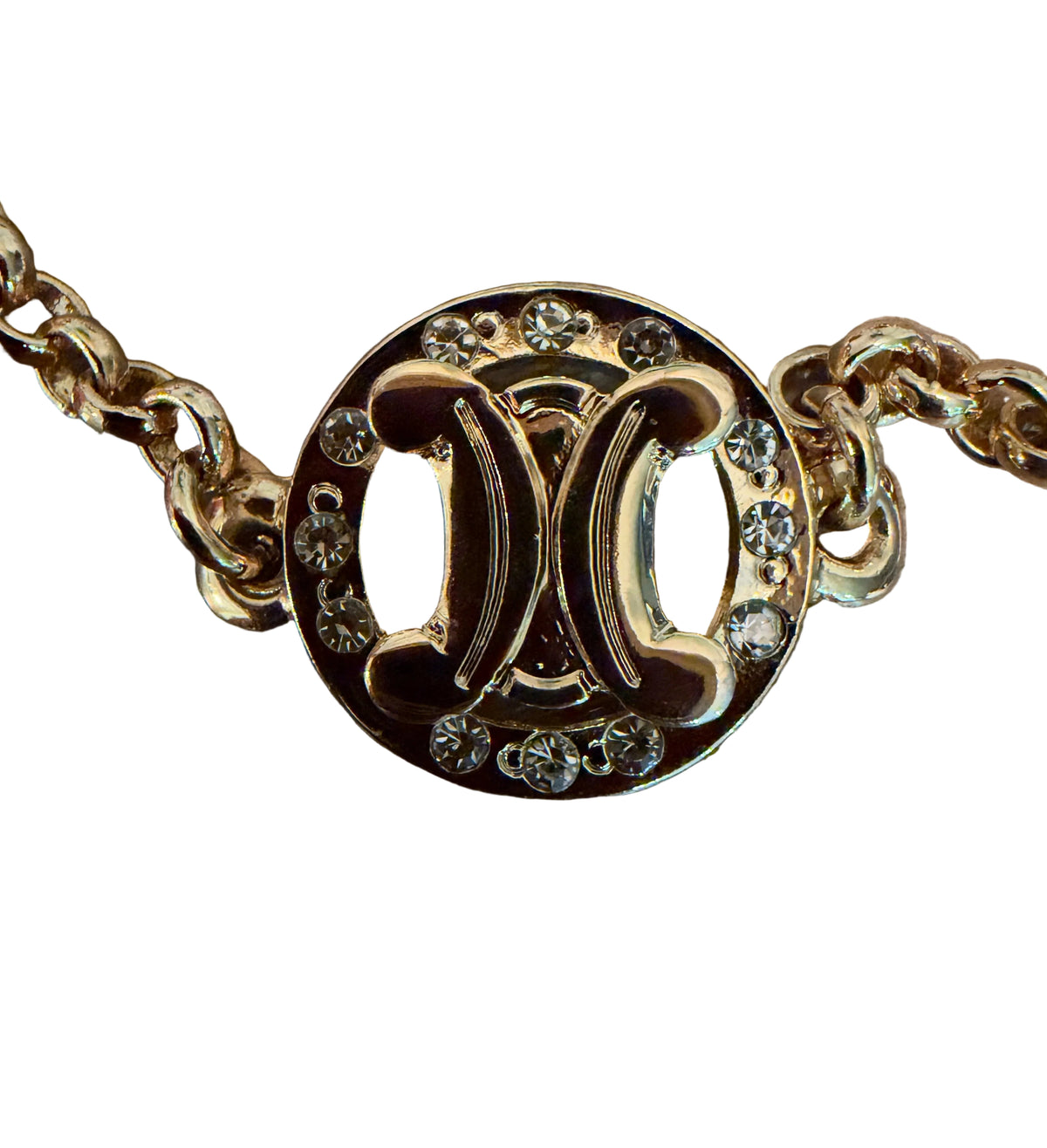 Celine Vintage Blason Double-C Rhinestone Chain Bracelet