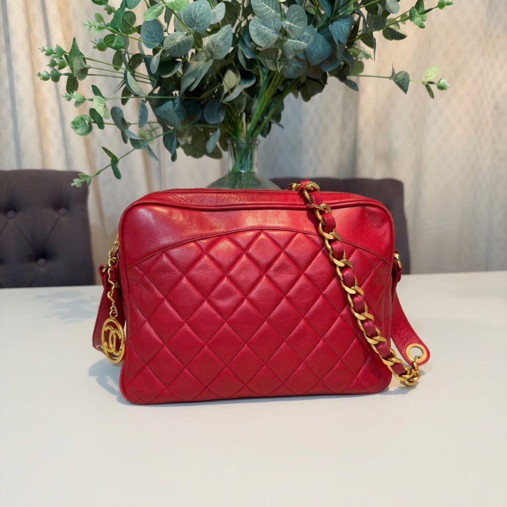 Chanel Vintage Red Lambskin Quilted Camera Bag