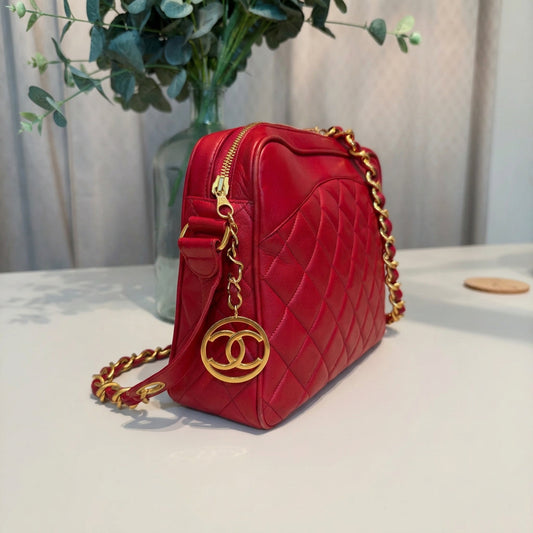 Chanel Vintage Red Lambskin Quilted Camera Bag