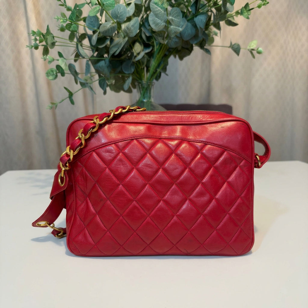 Chanel Vintage Red Lambskin Quilted Camera Bag