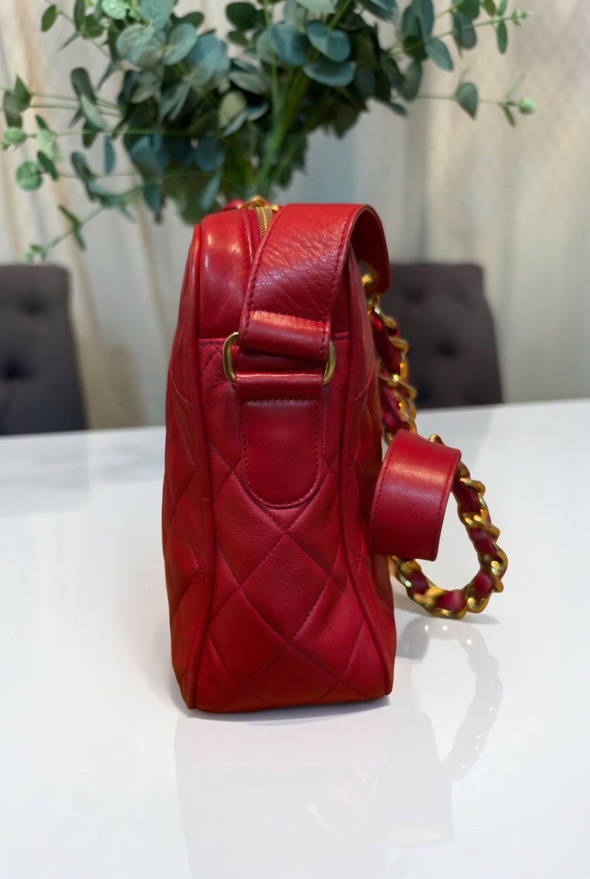 Chanel Vintage Red Lambskin Quilted Camera Bag