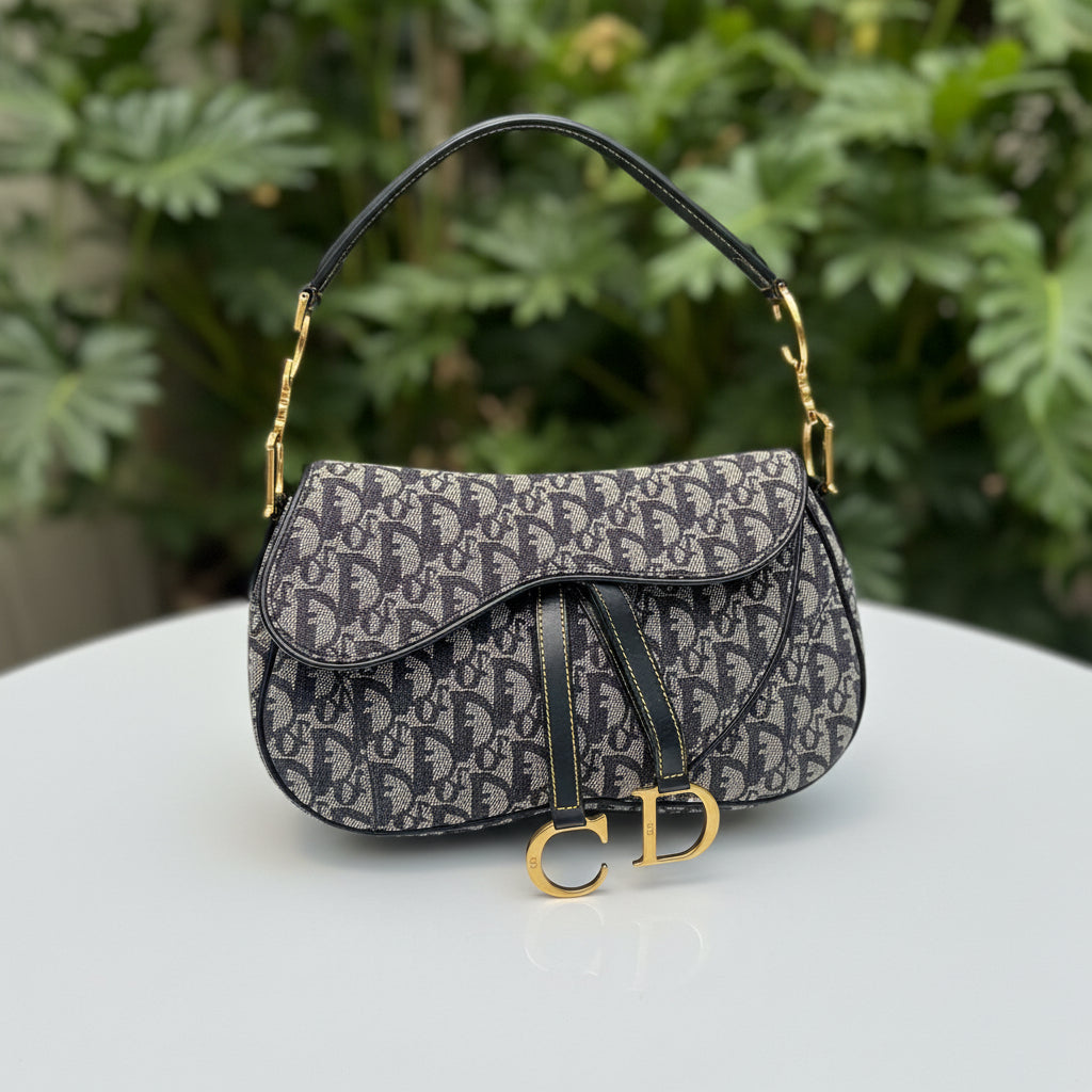 Christian Dior Blue Oblique Canvas Double Saddle Bag