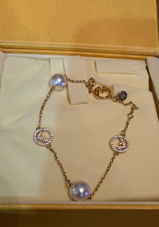 Fendi F-Logo & Pearl Crystal Chain Bracelet