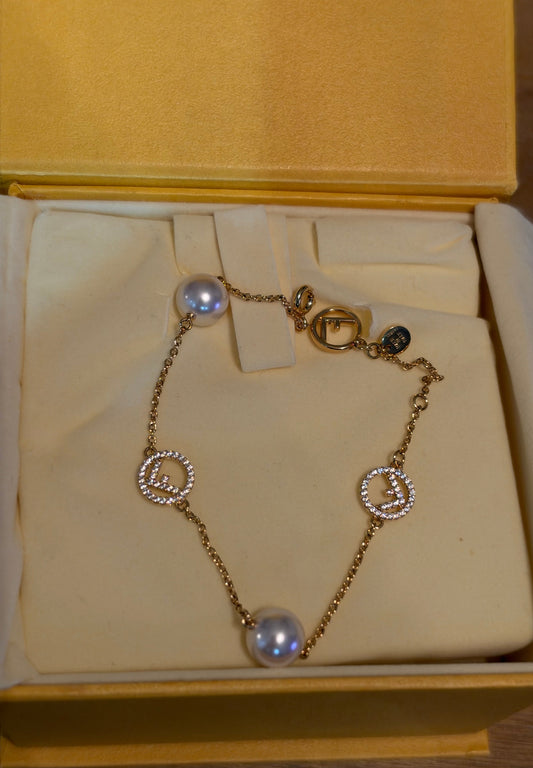 Fendi F-Logo & Pearl Crystal Chain Bracelet
