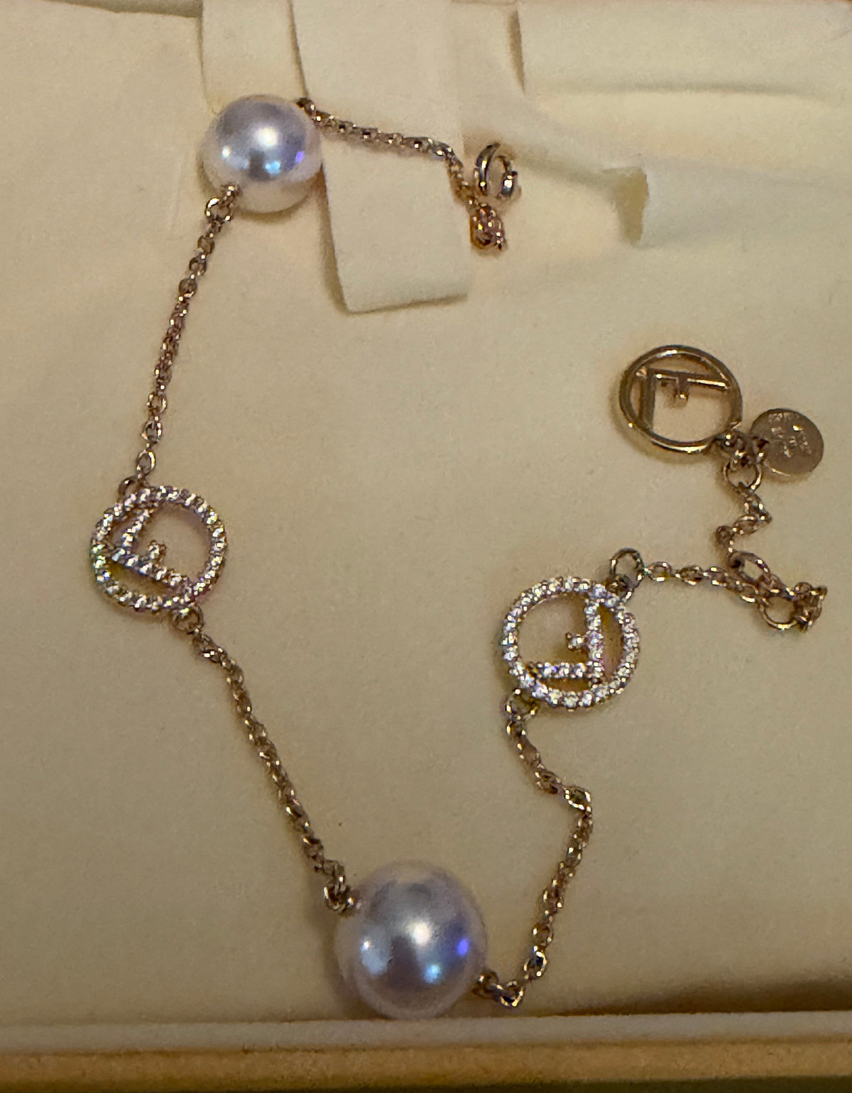 Fendi F-Logo & Pearl Crystal Chain Bracelet