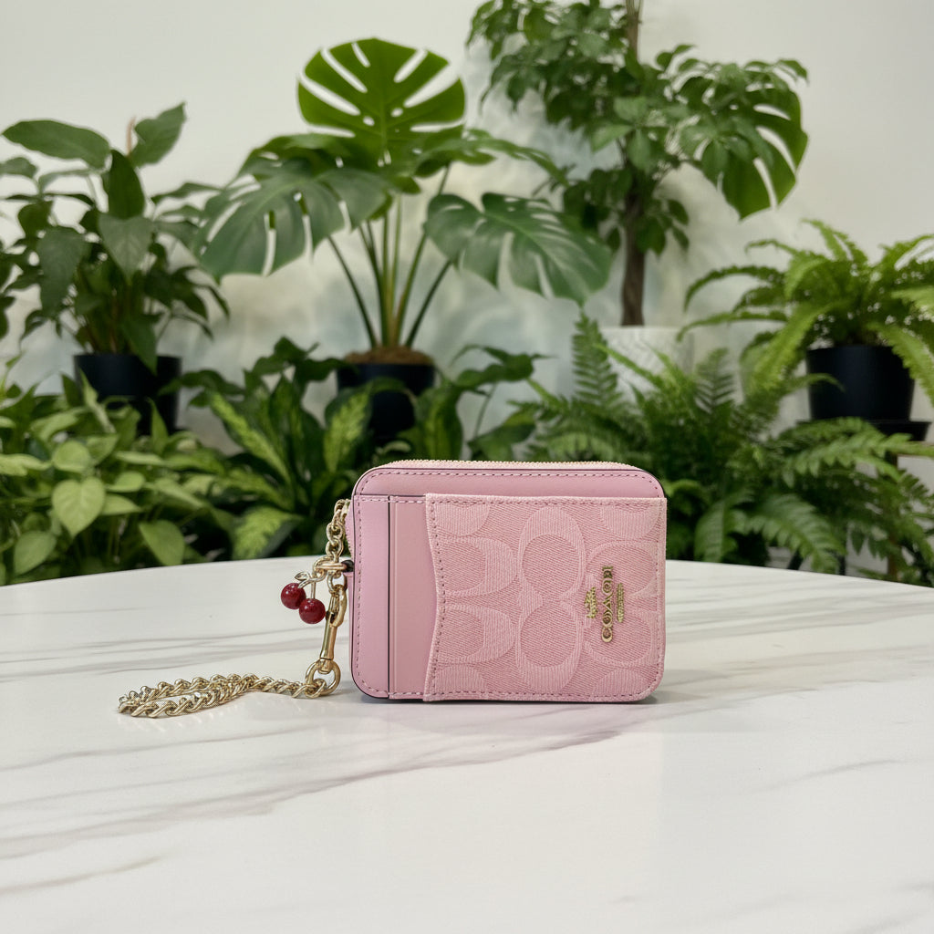 Coach Pink Denim Zip Card Case with Charm
