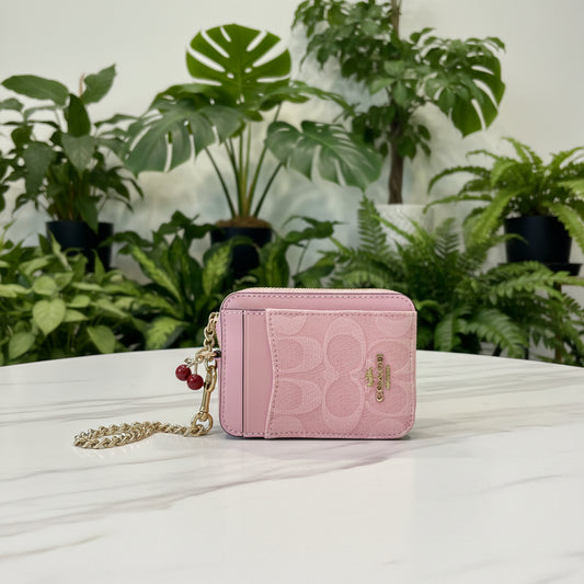 Coach Pink Denim Zip Card Case with Charm