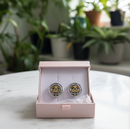 Chanel Two Toned Logo Clip On Earrings
