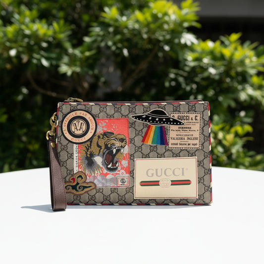 Gucci Coated Canvas GG Supreme Monogram Courrier Embroidered UFO Pouch