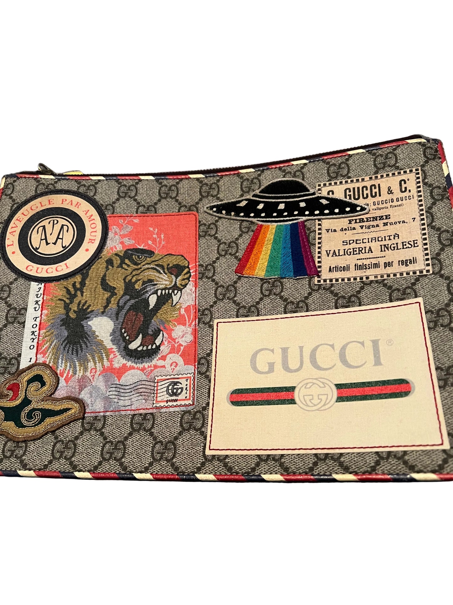 Gucci Coated Canvas GG Supreme Monogram Courrier Embroidered UFO Pouch