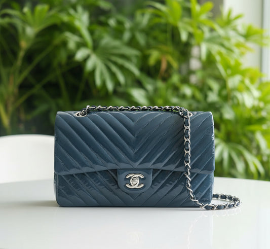 Chanel Patent Leather Chevron Petrol Blue Double Flap