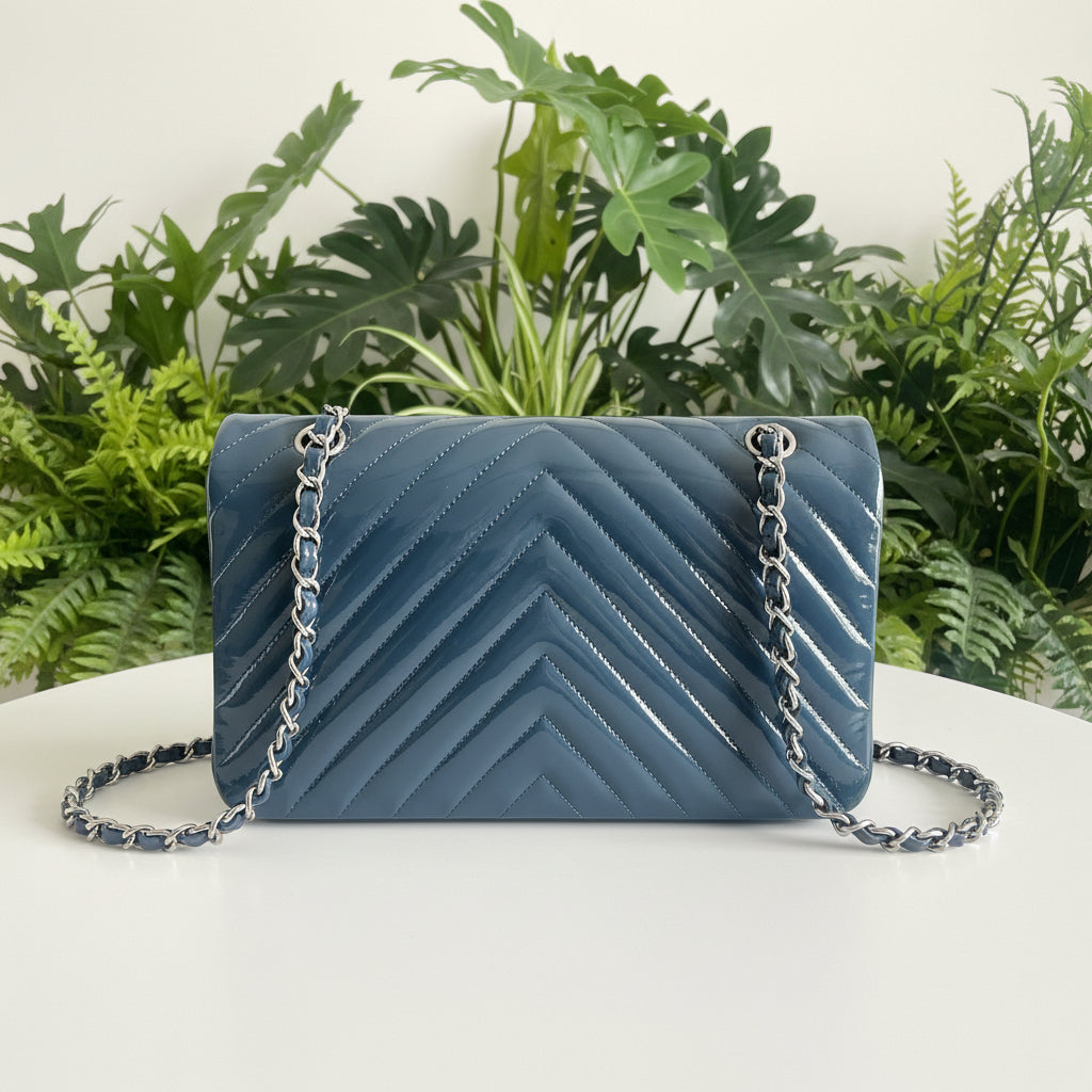 Chanel Patent Leather Chevron Petrol Blue Double Flap