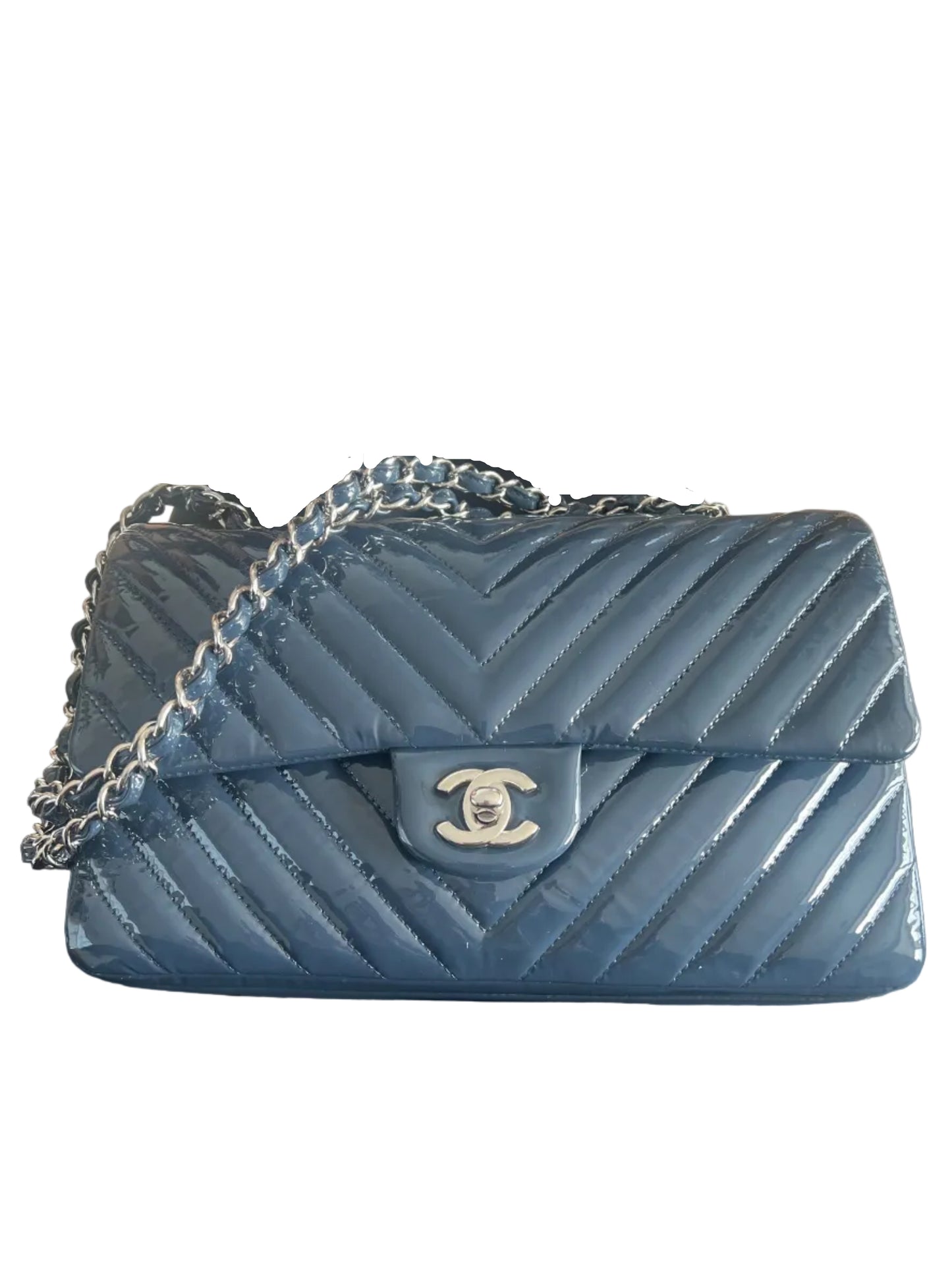 Chanel Patent Leather Chevron Petrol Blue Double Flap