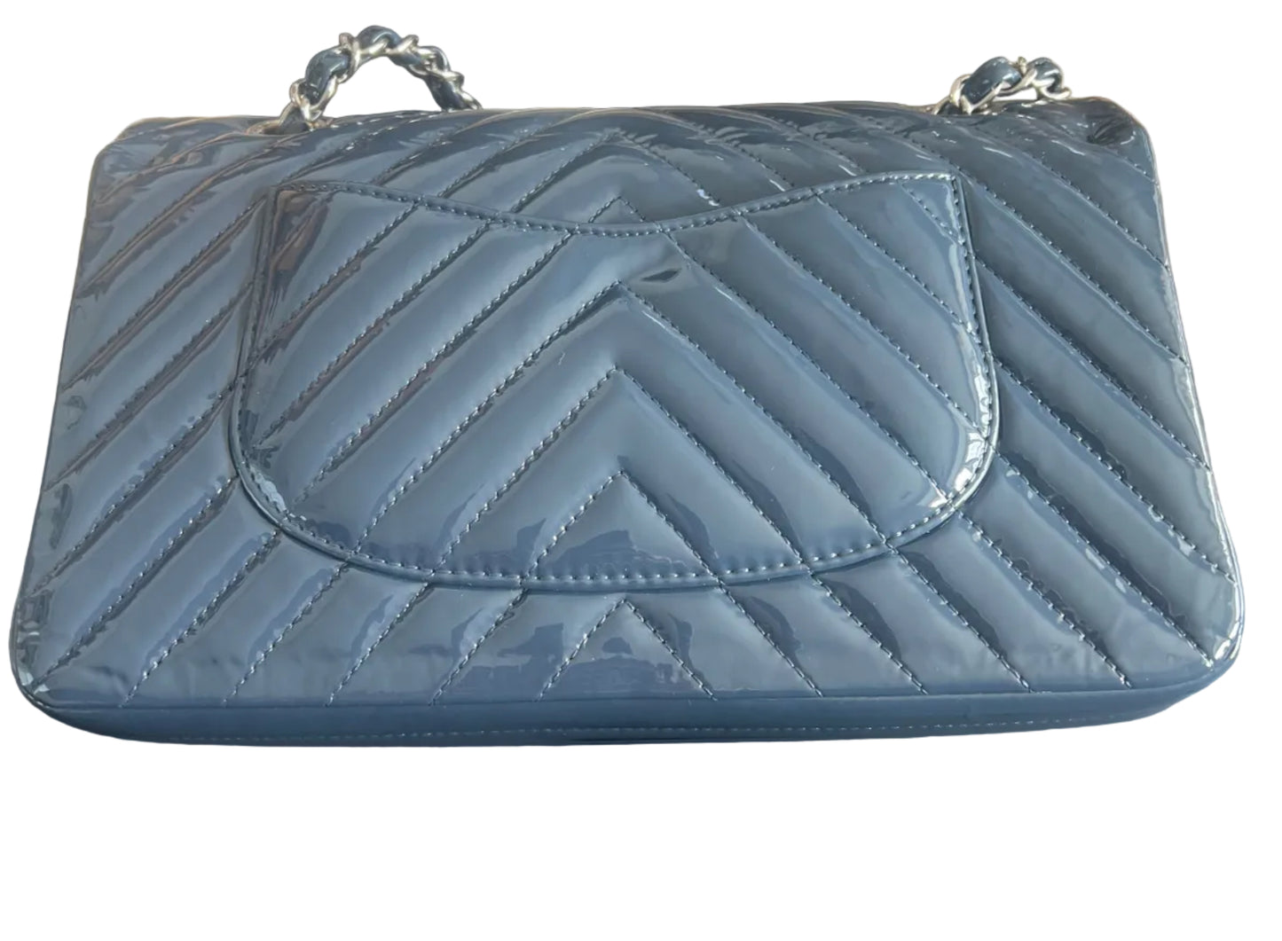 Chanel Patent Leather Chevron Petrol Blue Double Flap