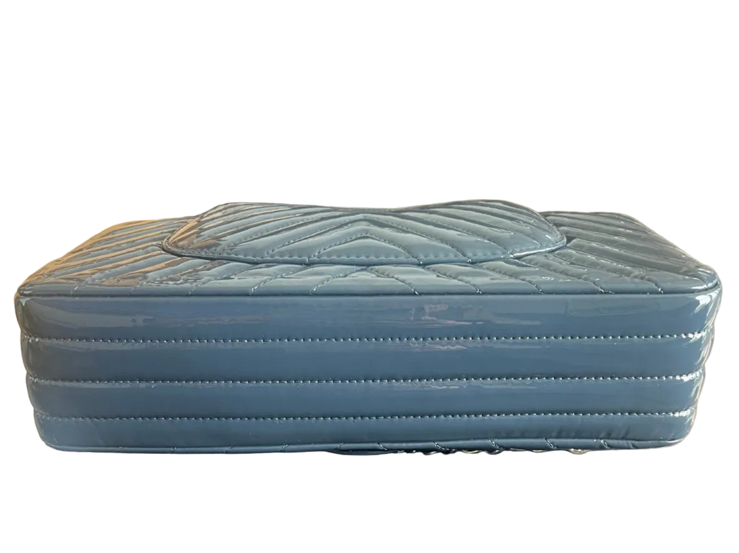 Chanel Patent Leather Chevron Petrol Blue Double Flap